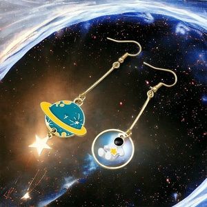 Asymmetric Star Astronaut Pendant gold plated Long Earrings Faux Fashion Jewelry